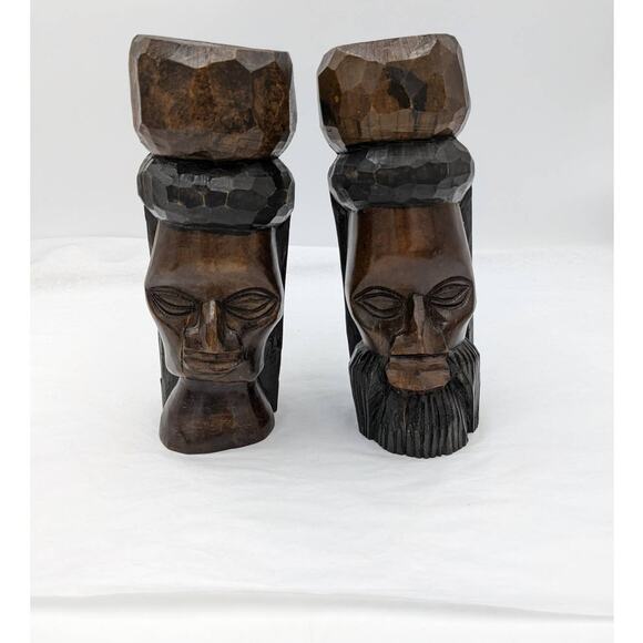 Vintage Jamaica Wooden Carved Bust Figurine Pair Female Bearded Male 9" Tall - Picture 11 of 12